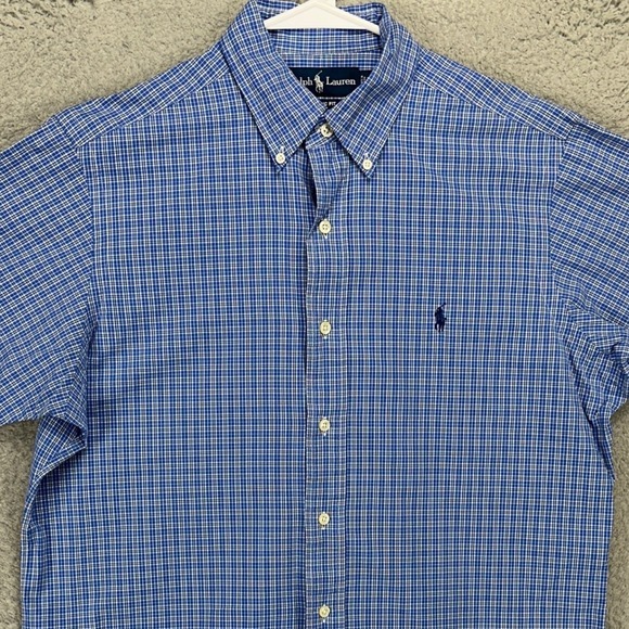 Ralph Lauren Button Down Mens Medium Blue Plaid Short Sleeve Pony Classic Fit